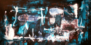 Abstract blue and brown landscape painting with organic shapes and textures on a large canvas