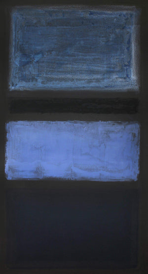 Large abstract painting with rectangular shapes in shades of blue on a dark background