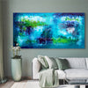 Teal Abstract | Vibrant Landscape 36x72" - An expansive, colorful abstract landscape painting with bold brushstrokes of teal, green, and blue hues, creating a serene and dynamic composition that would make a stunning addition to any modern or contemporary interior.