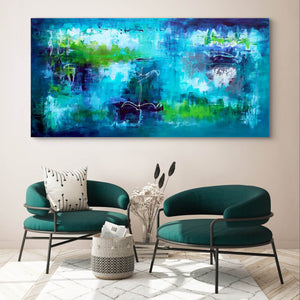 Large abstract landscape painting in teal, green, and black colors hanging on the wall above two green armchairs and a decorative vase on the floor. The painting features expressive brushstrokes and vibrant, earthy tones, creating a modern and serene atmosphere.