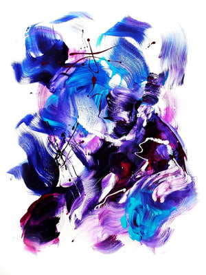 Vibrant abstract fluid painting depicting dreamcatching with bold brushstrokes in purple, blue, and pink hues on a white background.