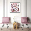 Vibrant abstract square painting with swirling brushstrokes in shades of pink, displayed in a modern home setting with pink chairs and a wooden side table.