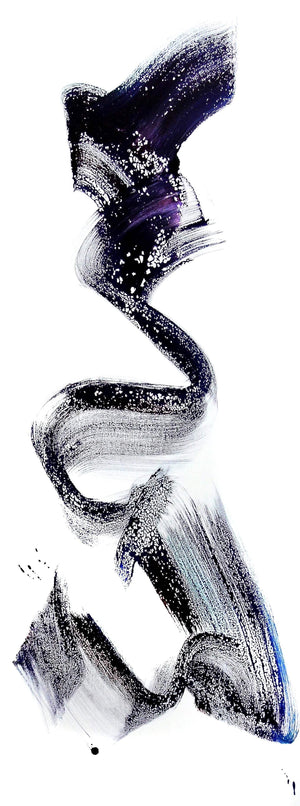 Large abstract painting featuring dynamic purple, black, and white brushstrokes with a flowing, expressive composition.