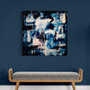 Large abstract painting with earthy blue and brown tones displayed on the wall above a wooden bench in a minimalist room setting.
