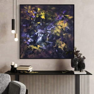 Large abstract canvas painting with vibrant brushstrokes of yellow, purple, and black on a dark background, displayed on the wall above a modern entertainment unit.