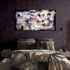Large abstract landscape painting "Nightingale" displayed above a cozy bedroom setting with a gray bed and textured bedding.