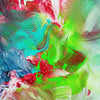 Vibrant abstract art canvas with energetic brushstrokes in shades of green, red, and blue. Playful, artistic expression featuring bold, expressive colors.