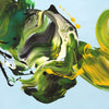 Abstract vibrant green and yellow painting with dynamic swirling brush strokes and splatters