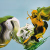 Vibrant abstract painting featuring bold brushstrokes in shades of green, yellow, and black against a light blue background