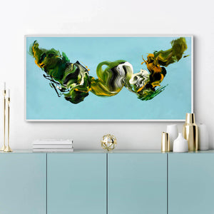Large abstract blue and green landscape painting on wall above modern decor furniture