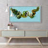 Large abstract blue, green, and yellow canvas painting displayed on a wall above a wooden console table.