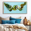 Blue Abstract Painting | Angels 22x44" - Vibrant abstract landscape art with swirling green, yellow, and white shapes on a tranquil blue background, displayed in a modern bedroom setting.