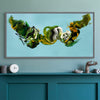 Large abstract canvas art featuring swirling green, yellow, and black paint strokes against a light blue background, creating a dynamic and vibrant modern artwork.