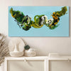 Large abstract painting of swirling green, yellow, and white shapes on a blue background displayed on a wall above a shelf with decorative items.
