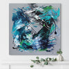 Vibrant abstract square canvas art featuring bold brushstrokes in shades of blue, green, and black against a gray background.