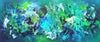 Large abstract landscape artwork featuring vibrant green, blue, and white paint strokes. Serene and ethereal composition with a sense of movement and energy. Original canvas artwork suitable for modern home or office decor.