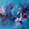 Vibrant abstract painting with swirling brushstrokes of blue, turquoise, and burgundy hues on canvas