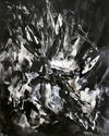 Dramatic black and white abstract painting with bold, gestural brushstrokes and dynamic composition