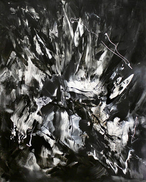 Dramatic black and white abstract painting with bold, gestural brushstrokes and dynamic composition