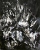 Dramatic black and white abstract painting with bold, gestural brushstrokes and dynamic composition