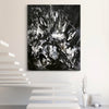 Monochrome abstract painting displayed on a white wall in a modern interior. The canvas features bold, dynamic brushstrokes in shades of black and white, creating a striking contrast and sense of movement. This large abstract artwork would make a captivating focal point in any contemporary living space.