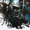 Expressive abstract artwork with bold brushstrokes and dynamic blue, black, and white color palette.