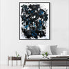 Expressive Abstract Art | Blue Velvet 44x55"
A large abstract painting featuring dynamic brushstrokes of black, white, and vibrant blue hues. The artwork is displayed prominently on a white wall above a modern living room setting with a gray sofa and patterned throw pillows.
