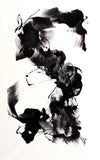 Large abstract black and white painting with expressive brush strokes and flowing shapes, showcasing the artistic talent of Paresh Nrshinga.