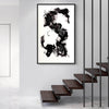 Monochrome Abstract Art | Dancing In Your Shadow 30x48"
A large abstract painting featuring bold black and white brushstrokes in a dynamic, expressive composition. The artwork is displayed prominently on the wall, framed in a sleek black frame, creating a striking visual focal point in the modern, minimalist interior setting.