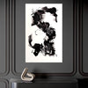 Abstract black and white artwork depicting dancing movement and expressive brushstrokes on a stark white background