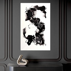 Abstract black and white artwork depicting dancing movement and expressive brushstrokes on a stark white background