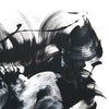 Textured black and white abstract artwork with bold, expressive brushstrokes and contrasting shades