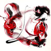 Vibrant abstract painting with dynamic brushstrokes in shades of red, black and white, creating a bold, energetic composition.