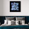 Fluid Abstract Painting | Cascade I 32x32" - Original modern abstract artwork displayed on the wall above a cozy bedroom setting with plush gray bedding and teal accents.