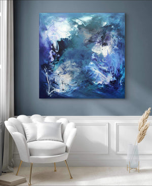 Large abstract canvas painting featuring a vibrant, swirling composition of blues, whites, and purples, creating a dynamic and captivating mermaid-inspired artwork for home or office decor.
