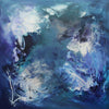 Vibrant abstract painting featuring swirling blue and purple hues creating a captivating underwater scene. Large square canvas showcasing Paresh Nrshinga's modern artistic style.