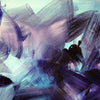 Large abstract art with bold, expressive brushstrokes in shades of blue, purple, and gray on a light blue background.