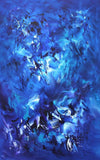 Blue abstract canvas art depicting vibrant, textured brushstrokes in shades of blue, creating a dynamic and captivating modern artwork.
