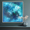 Vibrant abstract canvas art, Mermaid's Dream, featuring swirling shades of teal, blue, and green, creating a captivating modern piece for contemporary home decor.