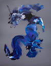 Artistic abstract painting featuring fluid, expressive brushstrokes in shades of blue, black, and white. Dynamic, energetic composition with a sense of movement and depth. Intriguing, contemporary abstract artwork.