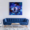 Vibrant Abstract Artwork | Captivating Blue and Purple Square Painting Displayed on White Wall with Blue Velvet Sofa