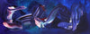 Large abstract painting of swirling blue, purple, and pink brush strokes against a dark background, creating a dynamic and vibrant composition.