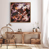 Large abstract painting with earthy tones on display in a modern home setting, surrounded by natural wooden furniture and decor items.