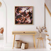 Framed abstract artwork | Vibrant colors in modern square painting | Wooden console table and decor in warm tones