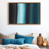 Large abstract geometric painting with teal and black tones displayed in a modern bedroom setting.
