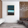 Geometric abstract painting | Teal Waters 24x36" - Striking contemporary artwork with geometric shapes and teal hues, displayed in a modern, minimalist living room setting.