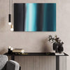 Geometric Painting | Teal Waters 24x36"
This abstract artwork features a bold, geometric design in shades of teal, displayed on a modern, minimalist setting with a gray sofa and decorative elements.