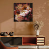 Large abstract landscape painting in vibrant earthy colors displayed on the wall. Wooden storage unit with decorative objects placed below the artwork. Dried floral arrangement and colorful abstract art create a warm, inviting atmosphere in the room.