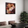 Abstract landscape art | Fields of Dreams 34x34" - Vibrant abstract painting with earthy tones and warm colors, displayed on a white wall alongside modern furniture and a lush, green houseplant.