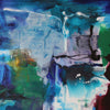 Large abstract canvas painting depicting a vibrant, colorful underwater scene with swirling patterns and textures in shades of blue, green, and black.